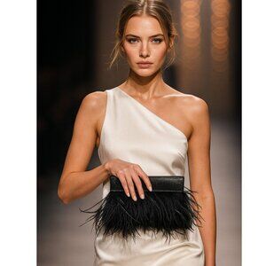 Black Leather Feather Clutch Bag Genuine Leather Evening Purse Boho Chic Handbag